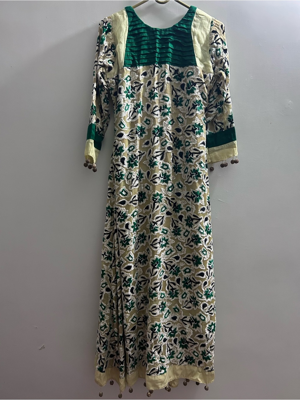 Green and Cream Floral Long Sleeve Maxi Dress